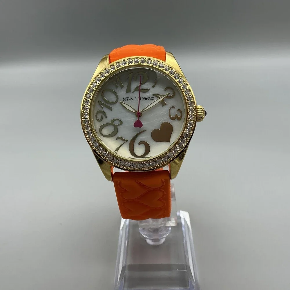 Betsey Johnson Womens Watch 40mm MOP Orange Gold Tone Crystal New Battery